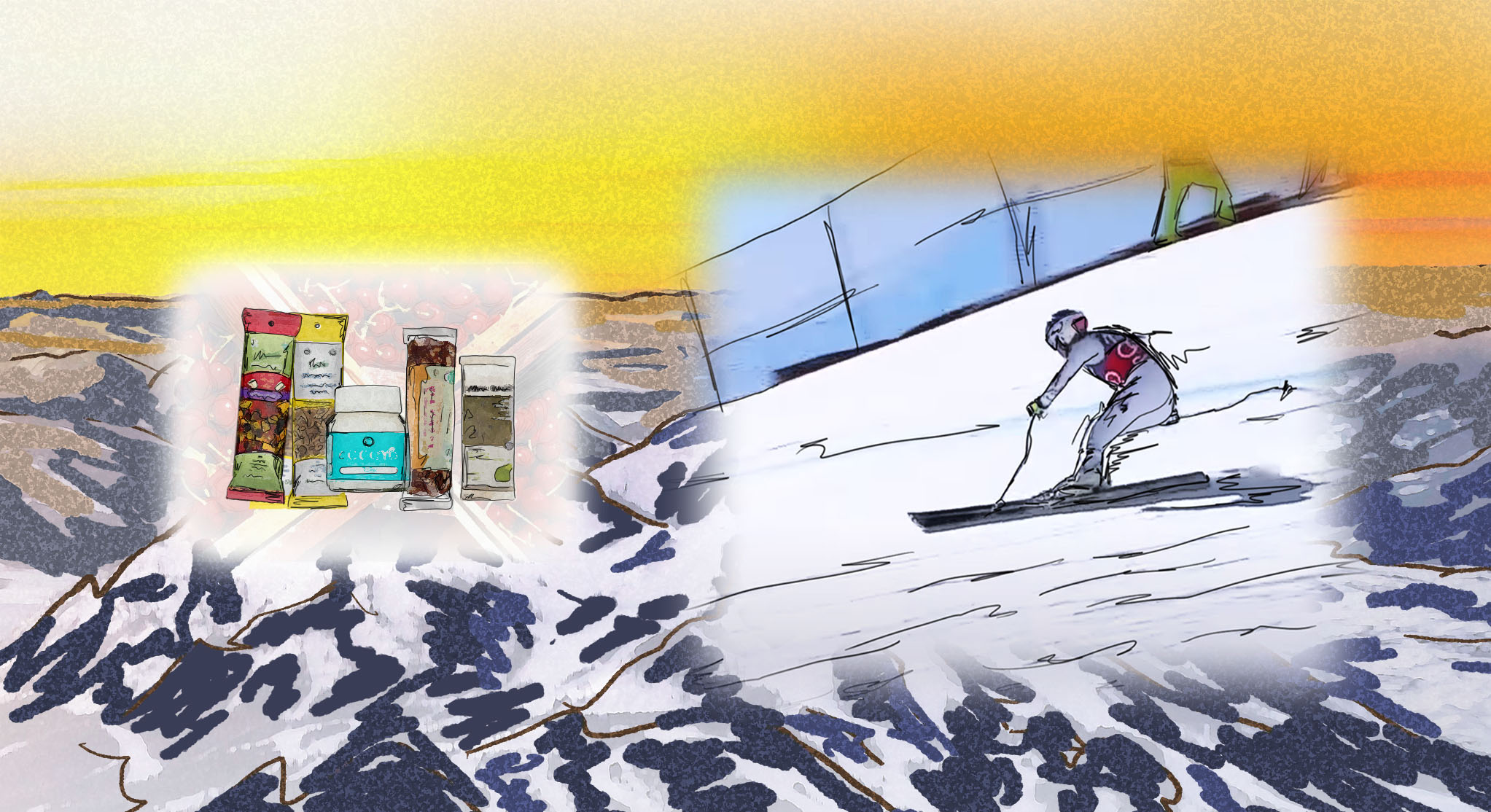 Image of Lyndsey Vonn skiing and some healthy portable nutrtiion options